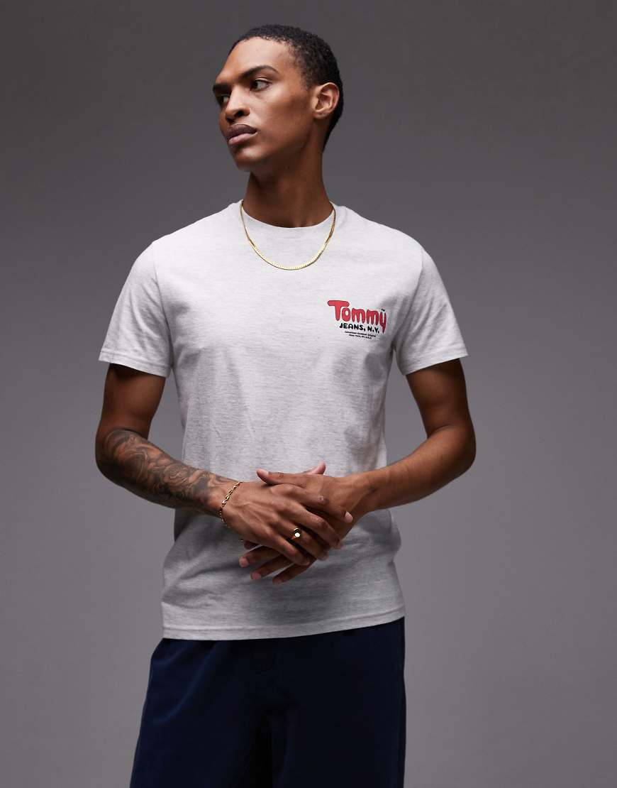 Tommy Jeans - Slim Fit T-Shirt in meliertem Grau mit Bubble-Logo auf der Brust von Tommy Jeans