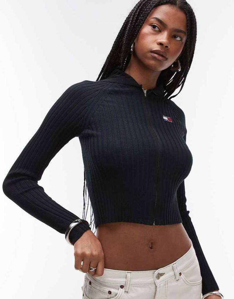 Tommy Jeans - Strickjacke in Schwarz mit Kapuze und Knopfleiste von Tommy Jeans