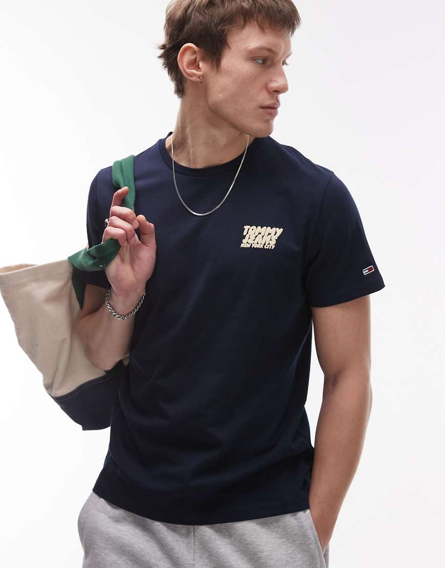 Tommy Jeans - T-Shirt in Marineblau und Gelb mit Bubble-Logo von Tommy Jeans