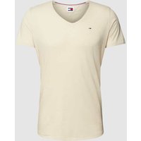 Tommy Jeans T-Shirt mit V-Ausschnitt und Label-Stitching in Beige, Größe L von Tommy Jeans