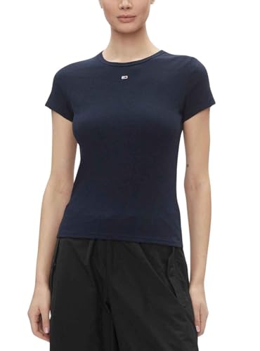 Tommy Jeans Damen T-Shirt Kurzarm Slim Essential Rib Rundhalsausschnitt, Blau (Dark Night Navy), XXS von Tommy Jeans