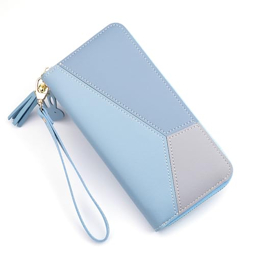 Tomotato Damen-Geldbörse, PU-Farbblock Geldbörse mit langem Reißverschluss Minimalistische Geldbörse lange Clutch Reißverschluss um Handgelenk Geldbörse Reise-Leder (Blau) von Tomotato