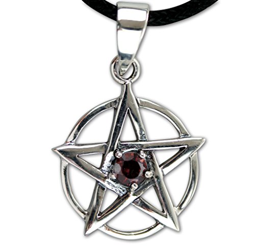 Anhänger Pentagramm 925 Sterling Silber mit rotem Zirkonia inkl Lederband von Toms-Silver