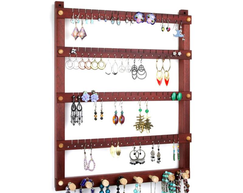 Ohrringhalter - Schmuck Organizer, Hängend, Holz, Blutholz, Rot, Halskette Leiste. Für 72 Paare, 8 Wirbel. Halter Display Ohrringhalter - Schmuck Organizer, Hängend, Holz, Blutholz, Rot, Halskette Leiste. Für 72 Paare, 8 Wirbel. Halter Display von TomsEarringHolders