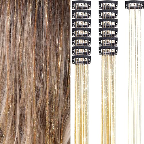 Tomvorks 6pcs Im Haar Lametta -Set, 19,6 Zoll Fairy Perücken Stück Glitzer Haarverlängerungen für Frauen Mädchen, Festivalparty Verwendung mit Funkelnden Haarzubehör (Gold) von Tomvorks