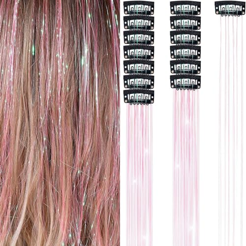 Tomvorks 6pcs Im Haar Lametta -Set, 19,6 Zoll Fairy Perücken Stück Glitzer Haarverlängerungen für Frauen Mädchen, Festivalparty Verwendung mit Funkelnden Haarzubehör (Rosa) von Tomvorks