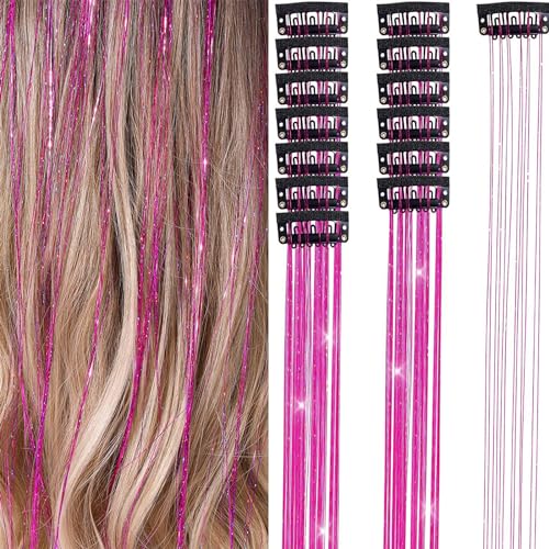 Tomvorks 6pcs Im Haar Lametta -Set, 19,6 Zoll Fairy Perücken Stück Glitzer Haarverlängerungen für Frauen Mädchen, Festivalparty Verwendung mit Funkelnden Haarzubehör (Rosenrot) von Tomvorks