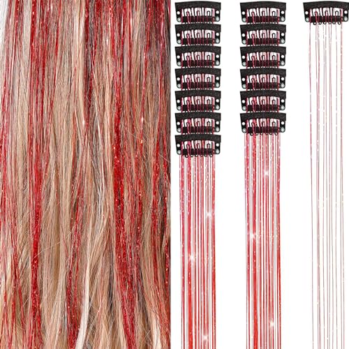 Tomvorks 6pcs Im Haar Lametta -Set, 19,6 Zoll Fairy Perücken Stück Glitzer Haarverlängerungen für Frauen Mädchen, Festivalparty Verwendung mit Funkelnden Haarzubehör (Rot) von Tomvorks
