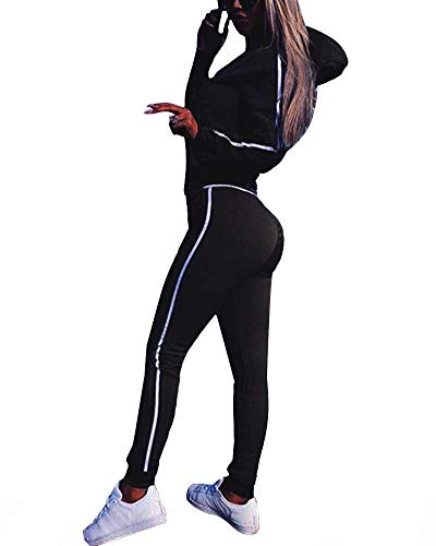 Damen Mode Streifen Trainingsanzug Frauen Lange Ärmel Zipper Top + Lange Hose Sportswear 2 Stück Set Sport Yoga Outfit 1 Schwarz 34 von Tomwell