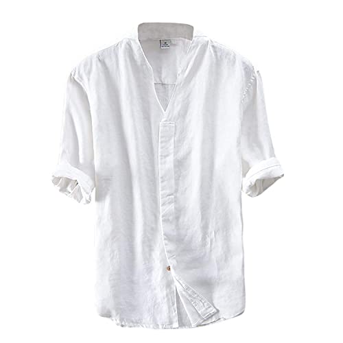 Leinen Hemd Herren Kurzarm Sommerhemd V-Ausschnitt Freizeit Hemd Regular Fit Kragenloses Shirt Tops 1 Weiß M von Tomwell