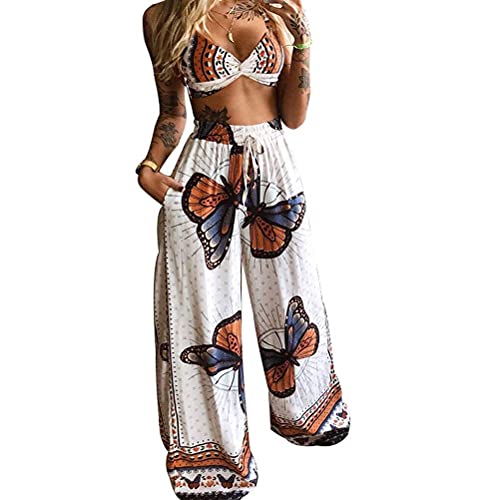 Tomwell 2Pcs Y2K Sexy Lounge Anzug für Damen Egirl Asesthetic Boho Butterfly Print Crop Top und Hose mit weitem Bein Damen Sommer Boho Beachwear Casual Outfits B Weiß M von Tomwell