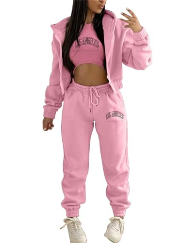 Tomwell 3 Stücke Damen Sportanzüge Lose Jogginganzug Sport Sets Freizeitanzug Sportswear Buchstaben Druck Langarm Kapuzenjacke + Crop Top + Jogginghose für Damen Yoga Gym A Rosa M von Tomwell