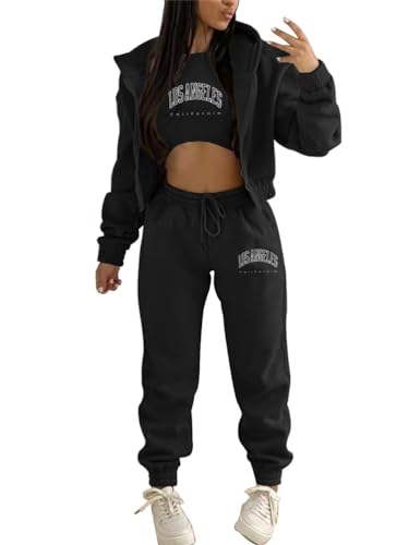 Tomwell 3 Stücke Damen Sportanzüge Lose Jogginganzug Sport Sets Freizeitanzug Sportswear Buchstaben Druck Langarm Kapuzenjacke + Crop Top + Jogginghose für Damen Yoga Gym A Schwarz M von Tomwell