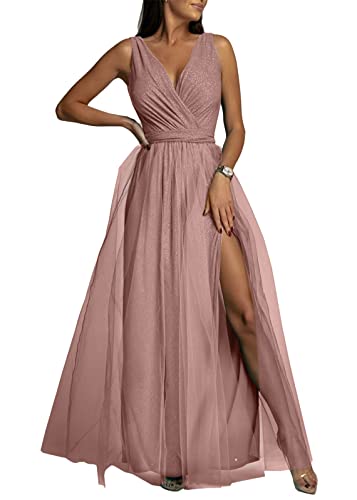 Tomwell Abendkleid Sommer Damen Elegante und Modische V-Ausschnitt Mesh Kleid Einfarbige Kleid Langes Abendkleid Swing Partykleid Hochzeit Kleider Formell Ballkleid B Rosa M von Tomwell