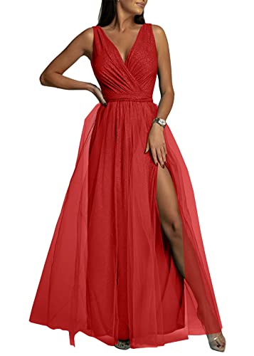 Tomwell Abendkleid Sommer Damen Elegante und Modische V-Ausschnitt Mesh Kleid Einfarbige Kleid Langes Abendkleid Swing Partykleid Hochzeit Kleider Formell Ballkleid B Rot L von Tomwell