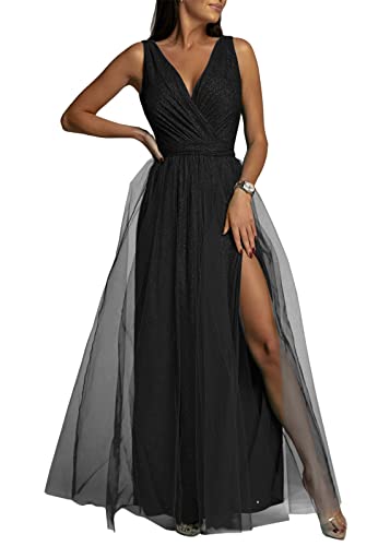 Tomwell Abendkleid Sommer Damen Elegante und Modische V-Ausschnitt Mesh Kleid Einfarbige Kleid Langes Abendkleid Swing Partykleid Hochzeit Kleider Formell Ballkleid B Schwarz S von Tomwell