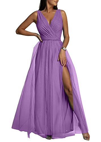 Tomwell Abendkleid Sommer Damen Elegante und Modische V-Ausschnitt Mesh Kleid Einfarbige Kleid Langes Abendkleid Swing Partykleid Hochzeit Kleider Formell Ballkleid B Violett XXL von Tomwell