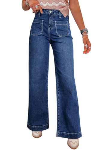Tomwell Baggy Jeans Damen High Waist Jeanshosen Weites Bein Jean Stretch Straight Mädchen Wide Leg Denim Pants B Dunkelblau M von Tomwell