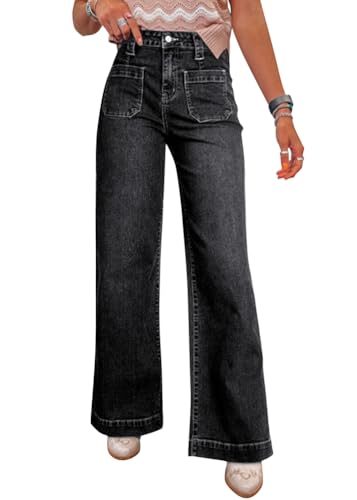 Tomwell Baggy Jeans Damen High Waist Jeanshosen Weites Bein Jean Stretch Straight Mädchen Wide Leg Denim Pants B Schwarz S von Tomwell