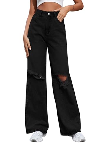 Tomwell Baggy Jeans Damen Zerrissene Jeans High Waist Jeanshosen Ripped Distressed Longlegs Boyfriend Denim Hose A Schwarz XS von Tomwell