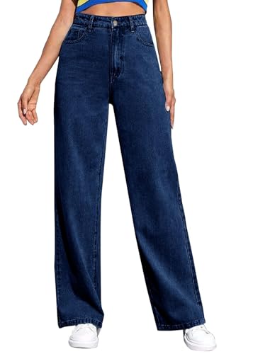 Tomwell Baggy Jeans Mädchen High Waist Jeans Damen Straight Leg Jeans Casual Longlegs Herbst und Winter A Dunkelblau XS von Tomwell