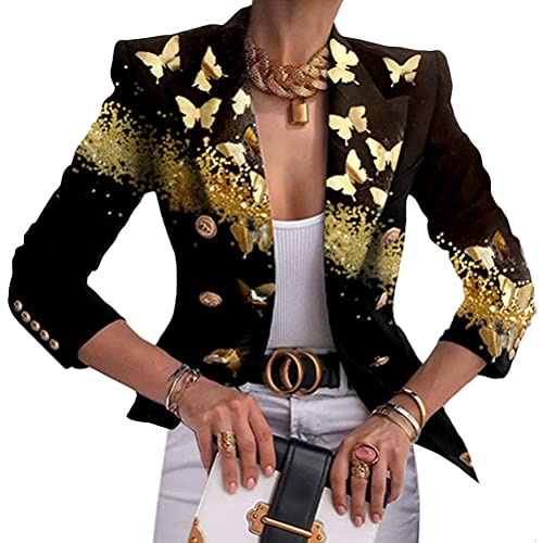 Tomwell Blazer Damen Elegant Jacket Strickjacke Mode Bedrucktes Langarm Freizeitjacke Lässige Business Blazer Cardigan Revers Schlank Anzugjacke A Schwarz XL von Tomwell