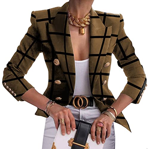 Tomwell Blazer Damen Elegant Jacket Strickjacke Mode Bedrucktes Langarm Freizeitjacke Lässige Business Blazer Cardigan Revers Schlank Anzugjacke Khaki XL von Tomwell
