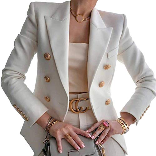 Tomwell Blazer Damen Elegant Langarm Blazer Sakko Einfarbig Slim Fit Revers Geschäft Büro Jacke Kurz Mantel Anzugjacke Schick Knopf Kurz Blazerjacke (M, A Weiß) von Tomwell