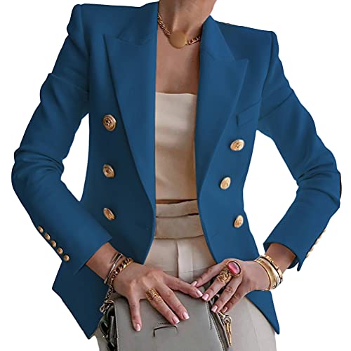 Tomwell Blazer Damen Elegant Langarm Blazer Sakko Einfarbig Slim Fit Revers Geschäft Büro Jacke Kurz Mantel Anzugjacke Schick Knopf Kurz Blazerjacke Blau L von Tomwell