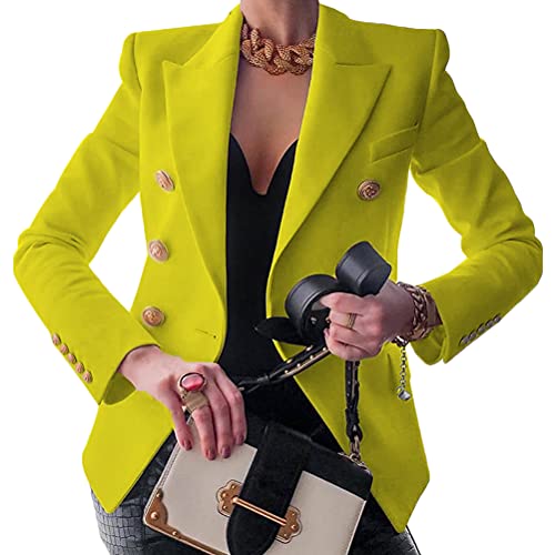 Tomwell Blazer Damen Elegant Langarm Blazer Sakko Einfarbig Slim Fit Revers Geschäft Büro Jacke Kurz Mantel Anzugjacke Schick Knopf Kurz Blazerjacke Gelb XS von Tomwell