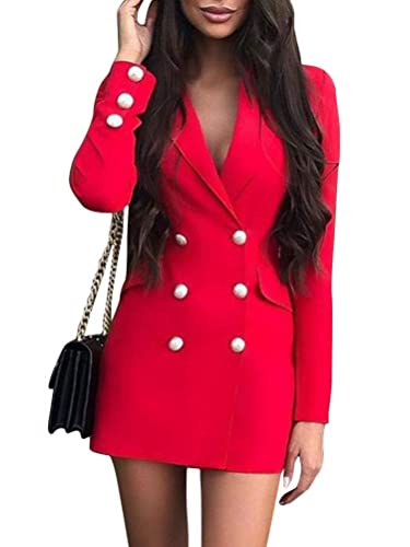 Tomwell Blazer Kleid Damen Elegant Business Blazer Kleider Anzug Zweireihig Langarm V-Ausschnitt Bodycon Minikleid mit Knopf Mode Jacke Mantel A Rot 42 von Tomwell