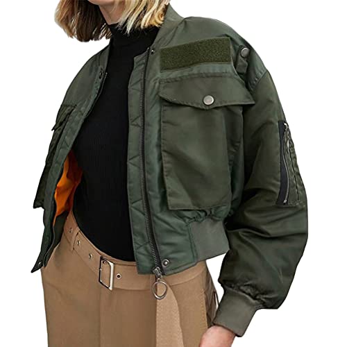 Tomwell Bomberjacke Damen Übergangsjacke Parka Jacke Utility Jacket Langarm Bomberjacke Reißverschluss Outwear Vintage Armeegrün Jacke Kurze Mantel Leicht Herbstjacke Armee Grün XL von Tomwell