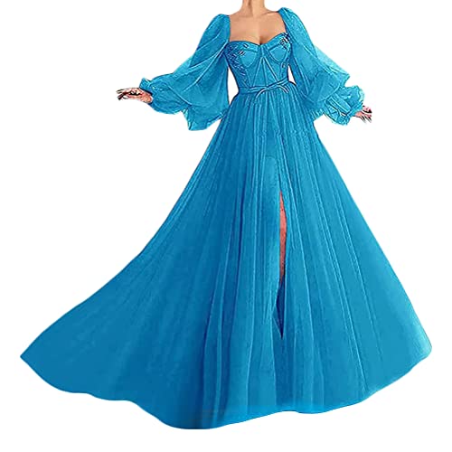 Tomwell Brautkleid Lang Hochzeitskleider Spitze Damen Brautmode V-Ausschnitt Bodenlang Abendkleid Rückenfrei Vintage Ärmellos Brautkleid Blau XL von Tomwell