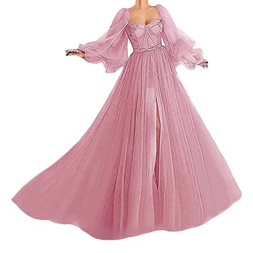 Tomwell Brautkleid Lang Hochzeitskleider Spitze Damen Brautmode V-Ausschnitt Bodenlang Abendkleid Rückenfrei Vintage Ärmellos Brautkleid Rosa S von Tomwell