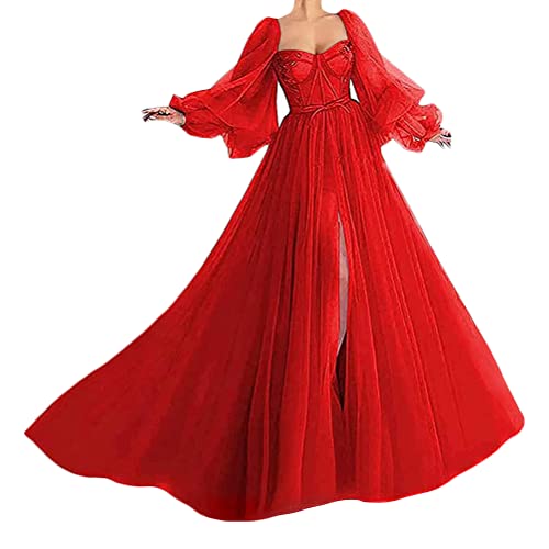 Tomwell Brautkleid Lang Hochzeitskleider Spitze Damen Brautmode V-Ausschnitt Bodenlang Abendkleid Rückenfrei Vintage Ärmellos Brautkleid Rot XL von Tomwell