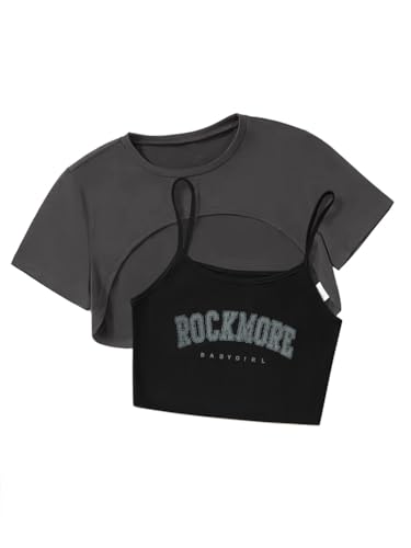 Tomwell Cami Crop Top Damen Sommer Crop T-Shirt Set Top Set Bauchfrei Oberteil mit Buchstaben Grafik Vintage Y2k 90er E-Girl Tops Lässig Bluse für Teenager Mädchen A Dunkelgrau M von Tomwell