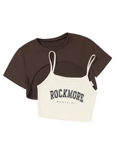 Tomwell Cami Crop Top Damen Sommer Crop T-Shirt Set Top Set Bauchfrei Oberteil mit Buchstaben Grafik Vintage Y2k 90er E-Girl Tops Lässig Bluse für Teenager Mädchen A Kaffee XS von Tomwell