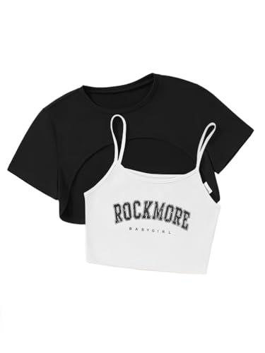 Tomwell Cami Crop Top Damen Sommer Crop T-Shirt Set Top Set Bauchfrei Oberteil mit Buchstaben Grafik Vintage Y2k 90er E-Girl Tops Lässig Bluse für Teenager Mädchen A Schwarz M von Tomwell