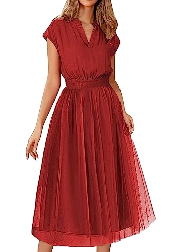 Tomwell Cocktailkleider Damen Elegant Spitzenkleid Hochzeitskleid Festliches Kleid Lang Abend Party Ballkleid Brautjungfer V-Ausschnitt Split Maxikleid A Weinrot XL von Tomwell