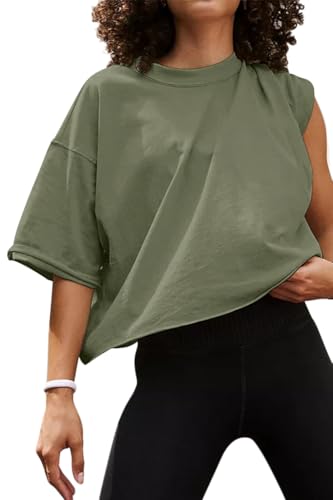 Tomwell Crop T-Shirt Damen Rundhals Kurzarm Tshirt Sport Oberteile Casual Oversize Shirt Sommer Workout Crop Tops A Armeegrün S von Tomwell