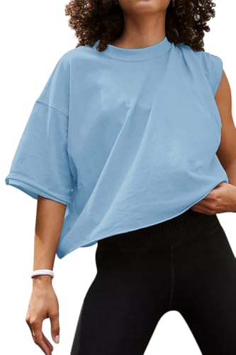 Tomwell Crop T-Shirt Damen Rundhals Kurzarm Tshirt Sport Oberteile Casual Oversize Shirt Sommer Workout Crop Tops A Blau XL von Tomwell
