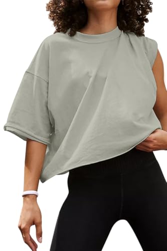Tomwell Crop T-Shirt Damen Rundhals Kurzarm Tshirt Sport Oberteile Casual Oversize Shirt Sommer Workout Crop Tops A Grau S von Tomwell