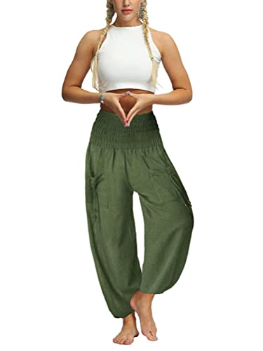 Tomwell Dame Hippie Hose Haremshose Pumphose Pluderhose mit Taschen Yogahosen Gesmockte Taille Sommerhose Strandhose Pilates Freizeithose für Sport Jogging Dance Grün1 L von Tomwell