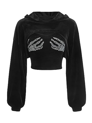 Tomwell Damen 2 Stücke Crop Hoodie und Camitop mit Skeleton Strass Graphics Cropped Kapuzenpullover Cut Outs Shirts mit Top 2-Teiller Sets Goth Streetwear 90er E-Girl Tops A Schwarz L von Tomwell