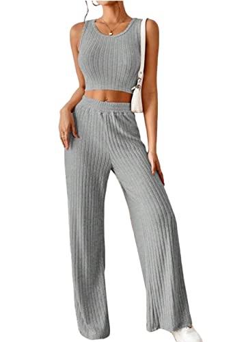 Tomwell Damen 2 Stücke Set Frühling Einfarbige Mode Casual Gestrickte Tank Top Hohe Taille Hosen Set Yoga Bauchfrei Ärmellos Sport Set Outfit Sportkleidung Fitnessanzug A Grau L von Tomwell