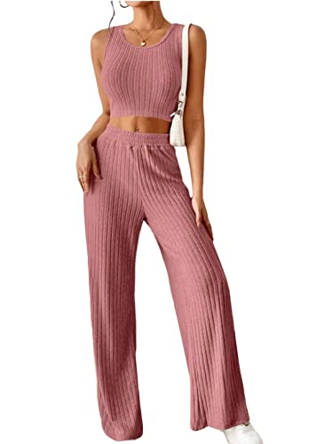Tomwell Damen 2 Stücke Set Frühling Einfarbige Mode Casual Gestrickte Tank Top Hohe Taille Hosen Set Yoga Bauchfrei Ärmellos Sport Set Outfit Sportkleidung Fitnessanzug A Rosa L von Tomwell