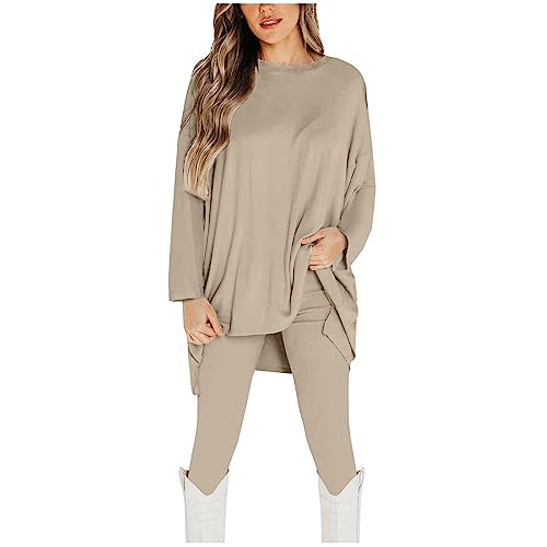 Tomwell Damen 2 Stücke Set Herbst Einfarbige Casual Oversized Rundhalsausschnitt Langarm Top+Slim Fit Hose Sport Set Outfit Freizeitanzug Fitnessanzug A Khaki S von Tomwell