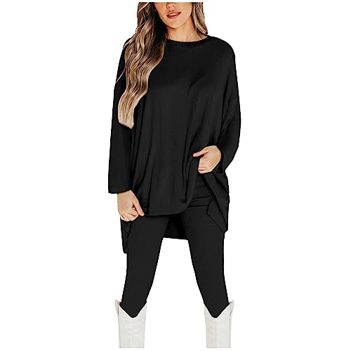 Tomwell Damen 2 Stücke Set Herbst Einfarbige Casual Oversized Rundhalsausschnitt Langarm Top+Slim Fit Hose Sport Set Outfit Freizeitanzug Fitnessanzug A Schwarz S von Tomwell