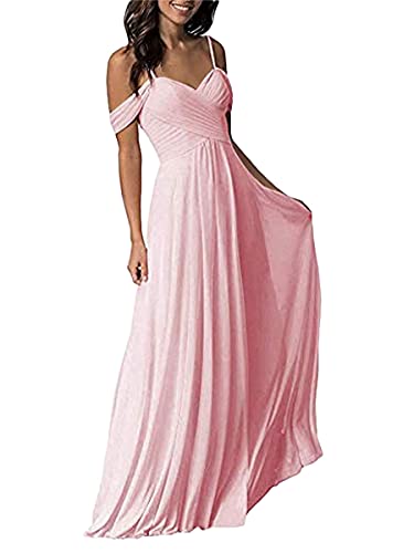 Tomwell Damen Abendkleid Ärmellos Elegante Brautjungfernkleid Mode Einfarbig Wickelkleid V-Ausschnitt Rückenfrei Partykleid Schulterfrei Bodenlang Cocktailkleid A Rosa M von Tomwell