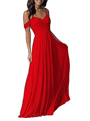 Tomwell Damen Abendkleid Ärmellos Elegante Brautjungfernkleid Mode Einfarbig Wickelkleid V-Ausschnitt Rückenfrei Partykleid Schulterfrei Bodenlang Cocktailkleid B Rot S von Tomwell